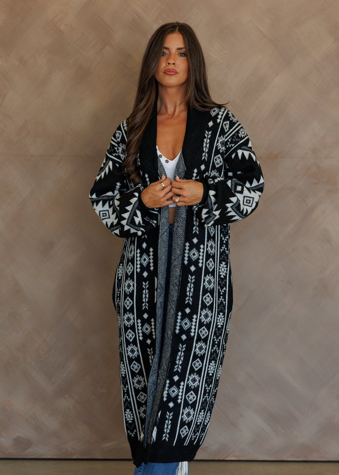 "Frontier" Aztec Print Cardigan in Black