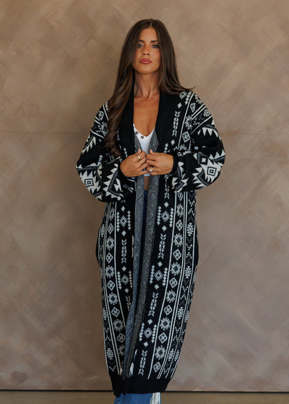 "Frontier" Aztec Print Cardigan in Black