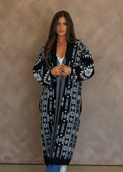"Frontier" Aztec Print Cardigan in Black