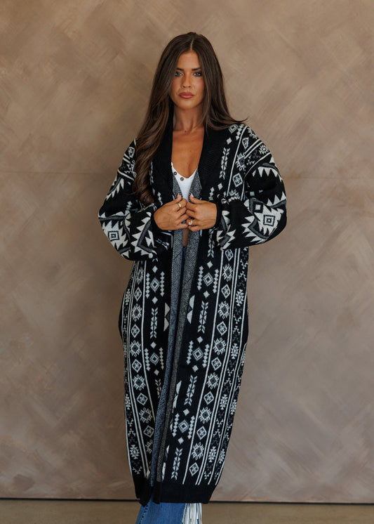 "Frontier" Aztec Print Cardigan in Black
