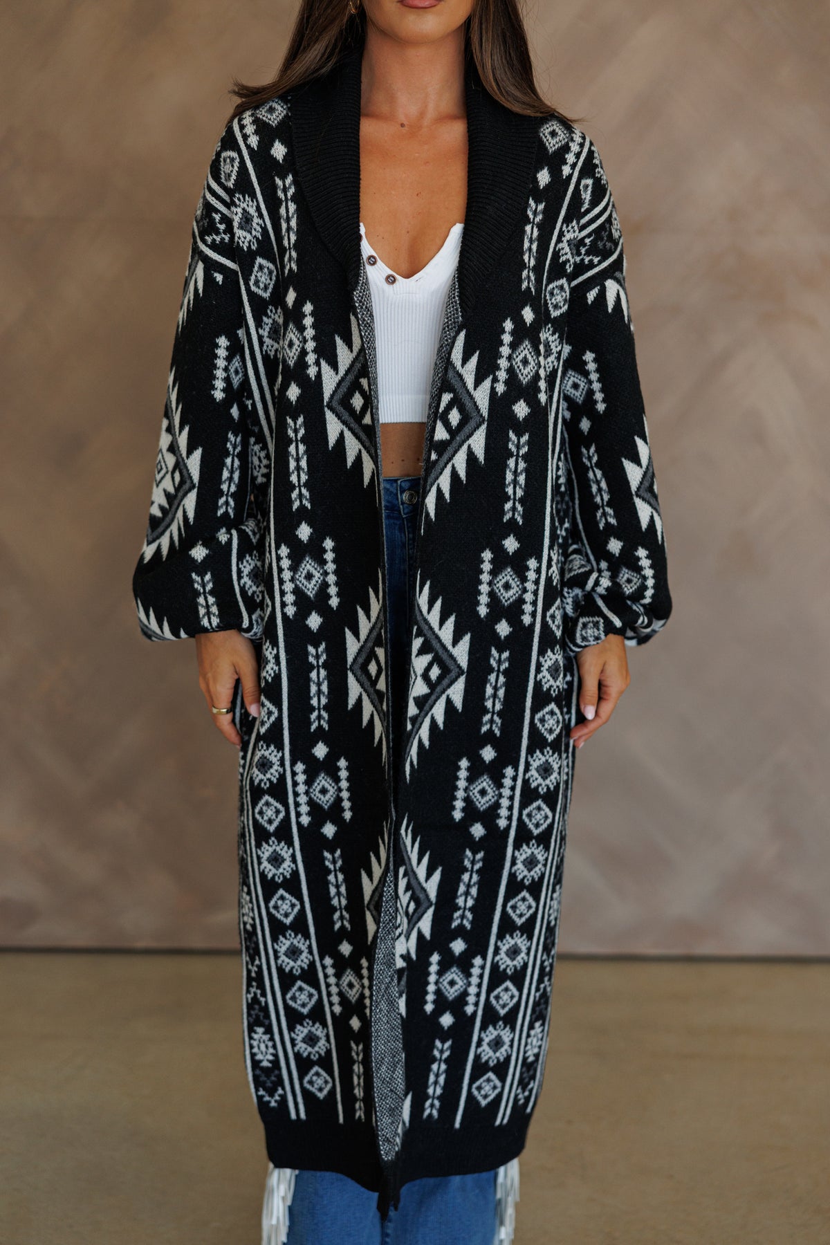 "Frontier" Aztec Print Cardigan in Black