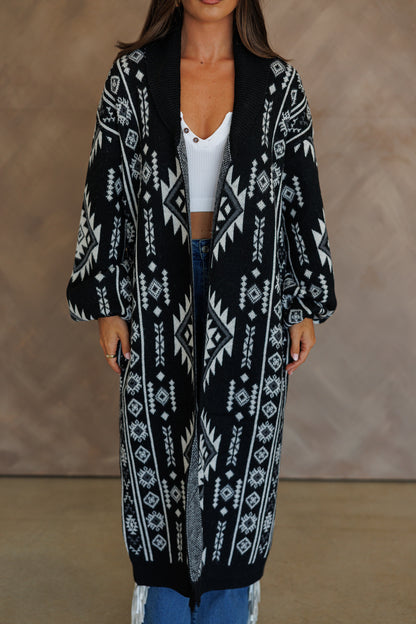 "Frontier" Aztec Print Cardigan in Black