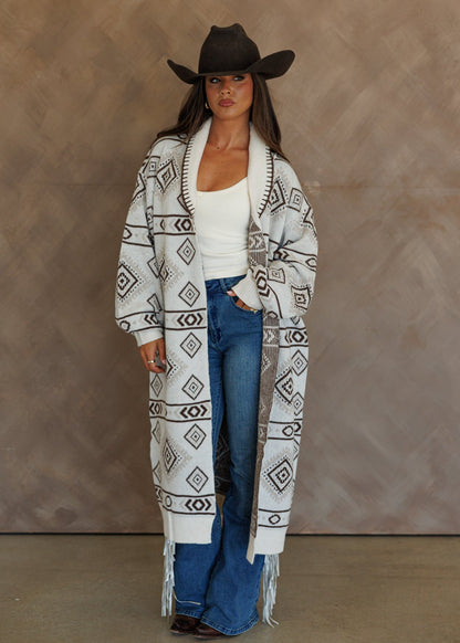 "Frontier" Aztec Print Cardigan in Cream