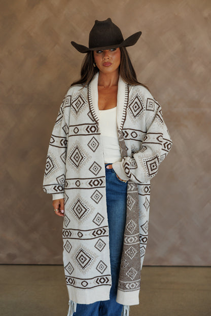 "Frontier" Aztec Print Cardigan in Cream