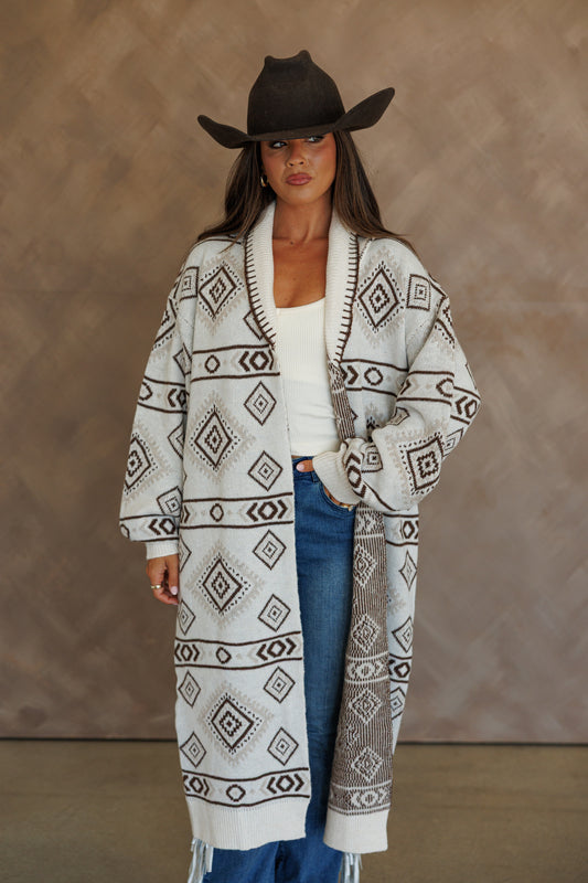 "Frontier" Aztec Print Cardigan in Cream
