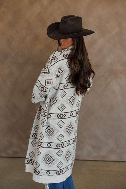 "Frontier" Aztec Print Cardigan in Cream
