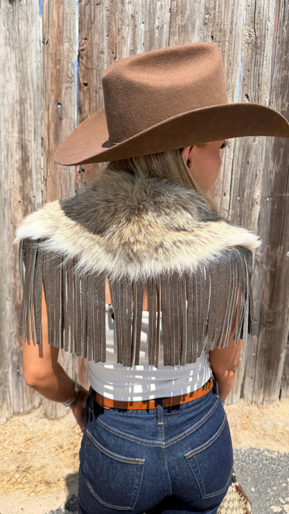 Vintage Coyote Fur & Leather Fringe Collar - Small Size