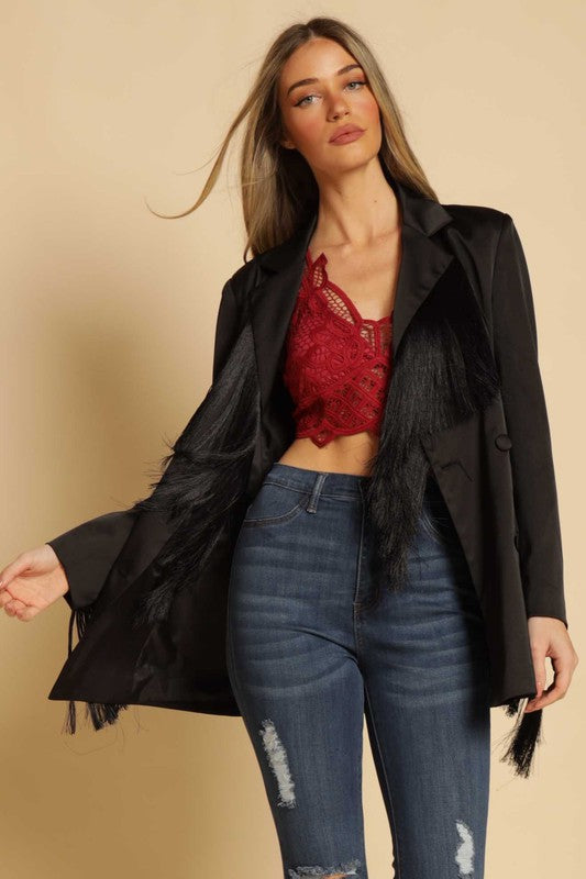 NEW!! Black Fringe Satin Blazer