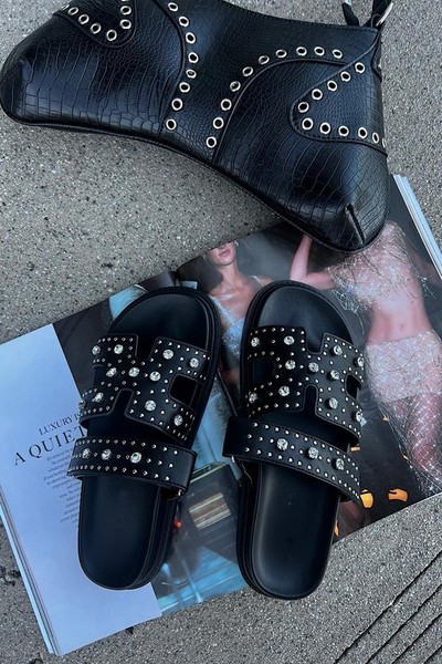NEW!! The Studded Lowkey Famous Slide in Black
