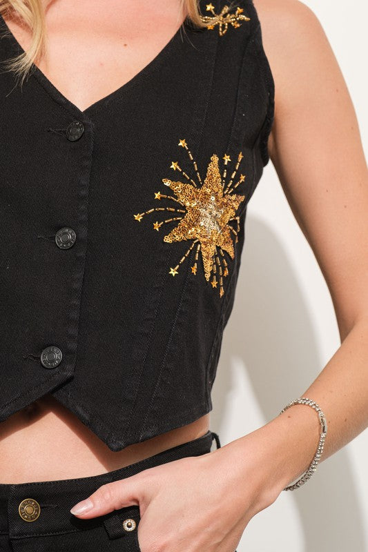 NEW!! Sequin Cropped Denim Vest