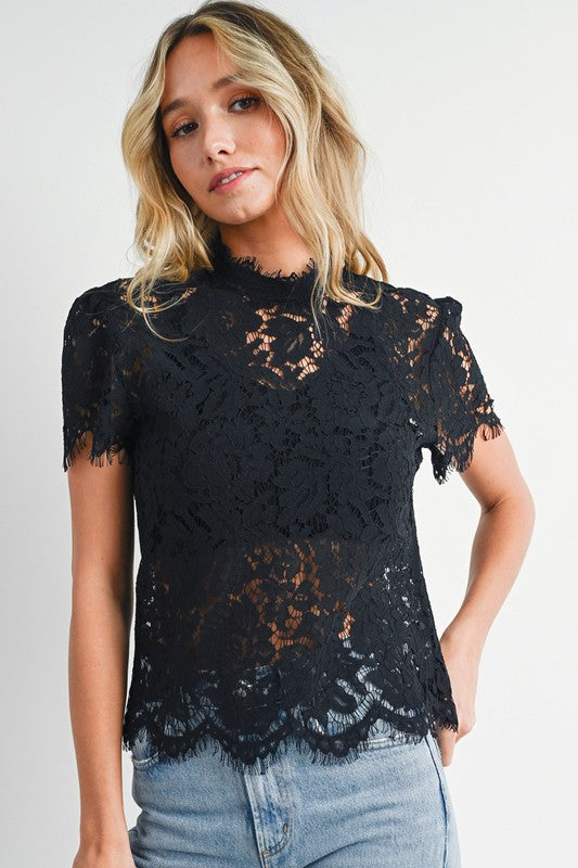 NEW! Lace Mock Neck Top in Black