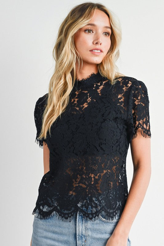 NEW! Lace Mock Neck Top in Black