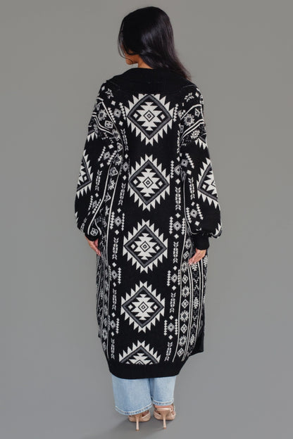 "Frontier" Aztec Print Cardigan in Black