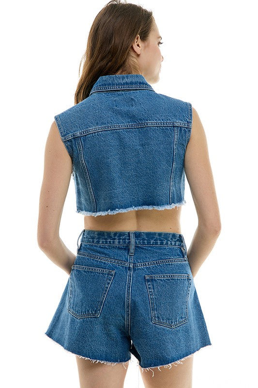 AS SEEN ON ASHLEE NICHOLS!! Cropped Rhinestone Denim Vest