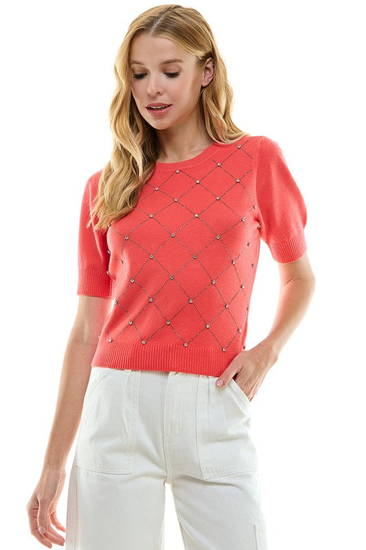 NEW!! Eloise Rhinestone Short Sleeve Sweater in Coral