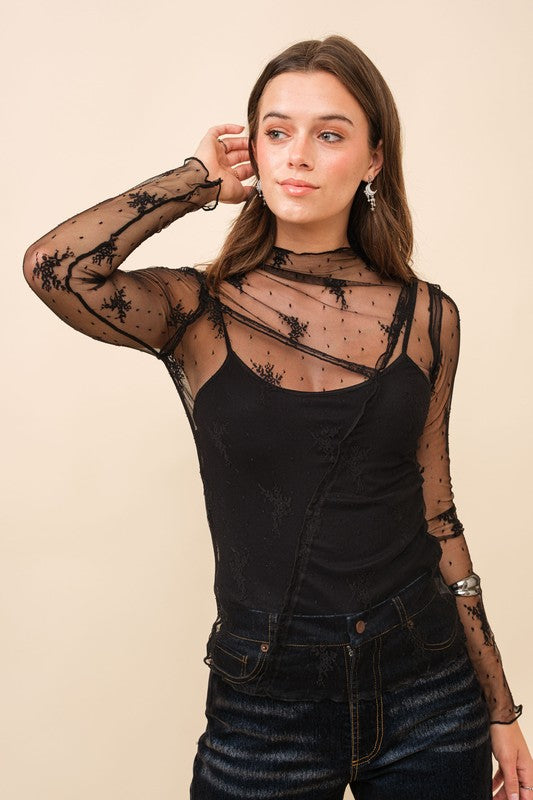 NEW!! Mila Lace Mock Neck Top in Black