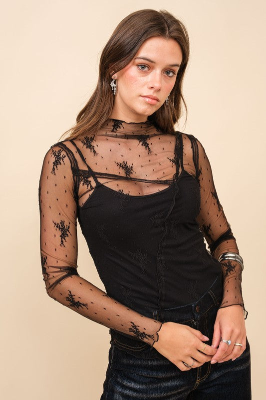 NEW!! Mila Lace Mock Neck Top in Black