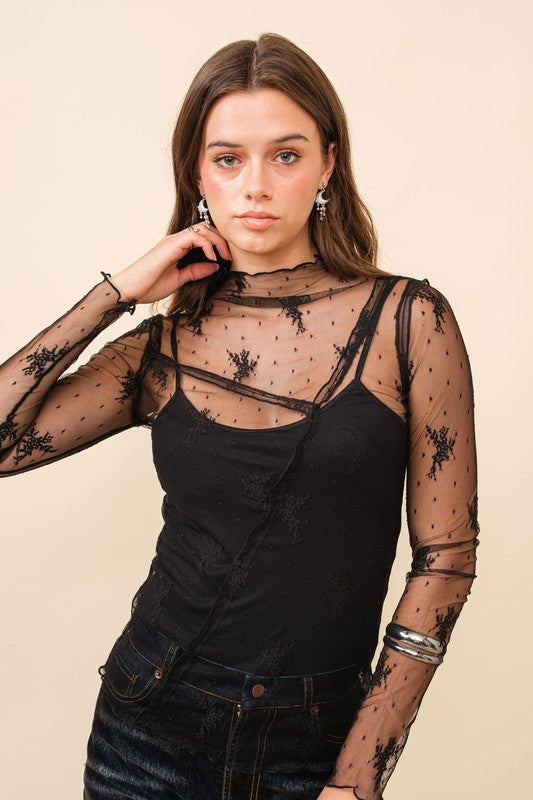 NEW!! Mila Lace Mock Neck Top in Black