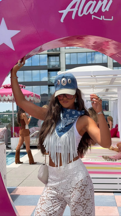 Leather Fringe Bandana in Navy/White