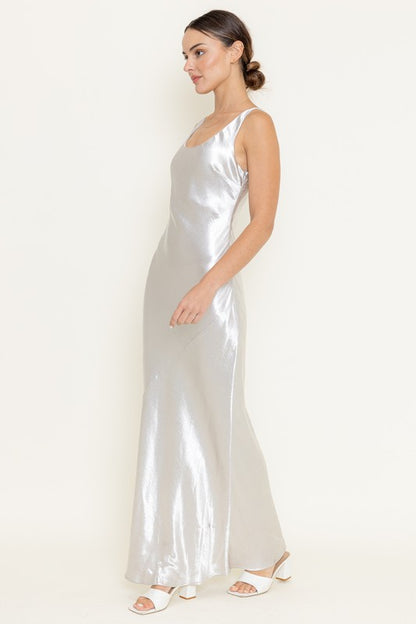 NEW!! "Gilded Girl" Silver Satin Maxi Dress
