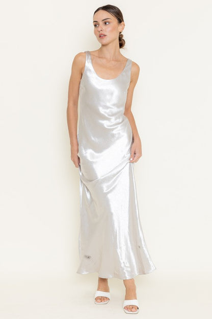 NEW!! "Gilded Girl" Silver Satin Maxi Dress