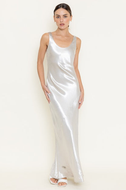 NEW!! "Gilded Girl" Silver Satin Maxi Dress