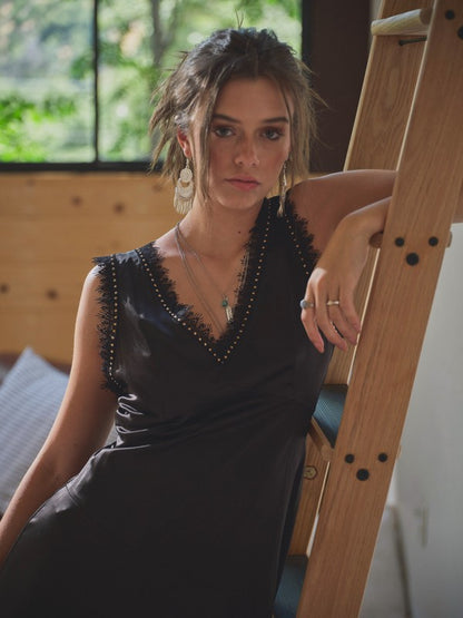 FINAL SALE!! "Callie" Satin Lace Studded Dress in Black