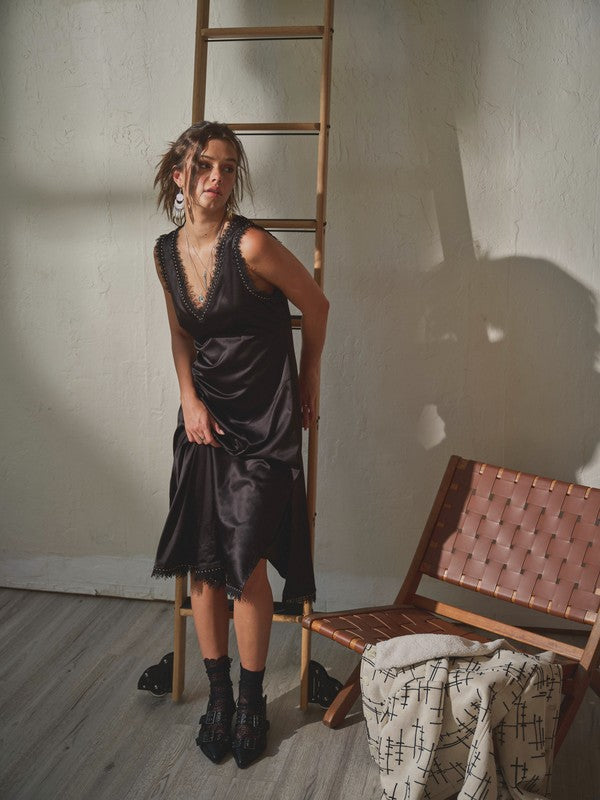 FINAL SALE!! "Callie" Satin Lace Studded Dress in Black