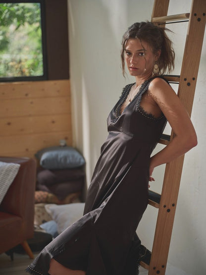 FINAL SALE!! "Callie" Satin Lace Studded Dress in Black