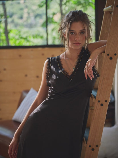 FINAL SALE!! "Callie" Satin Lace Studded Dress in Black