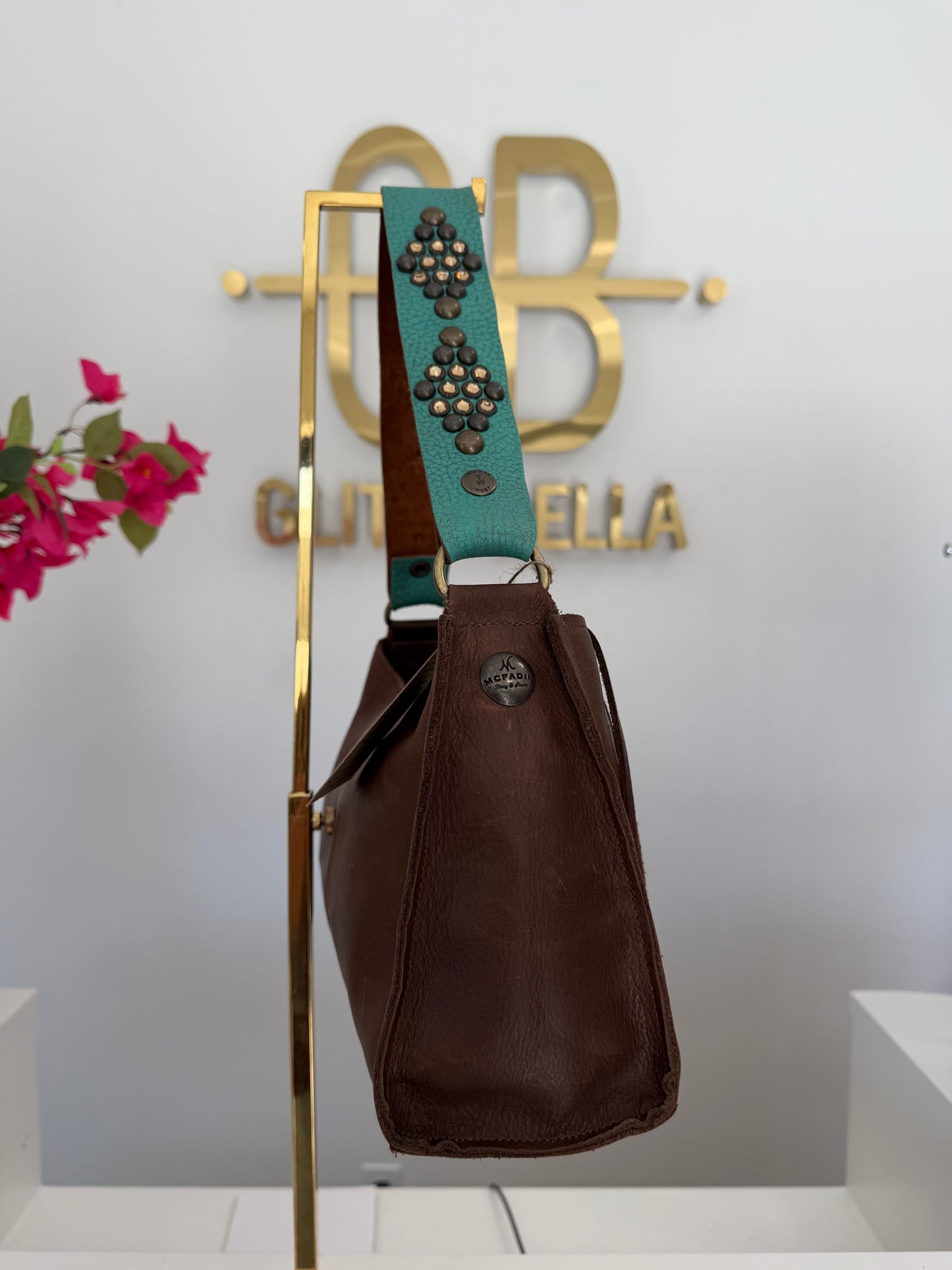 The "Bella" Medium Bag in Brown with Tuquoise Strap