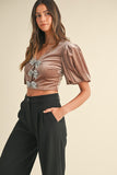 FINAL SALE!! Velvet Bow Puff Sleeve Crop Top