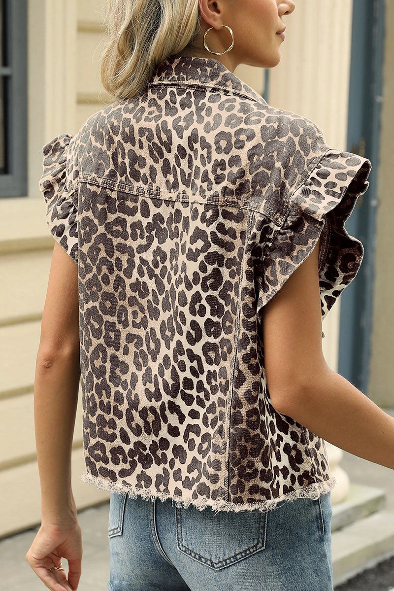 Leopard Print Ruffle Denim Vest