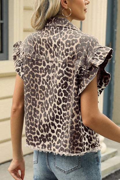 Leopard Print Ruffle Denim Vest