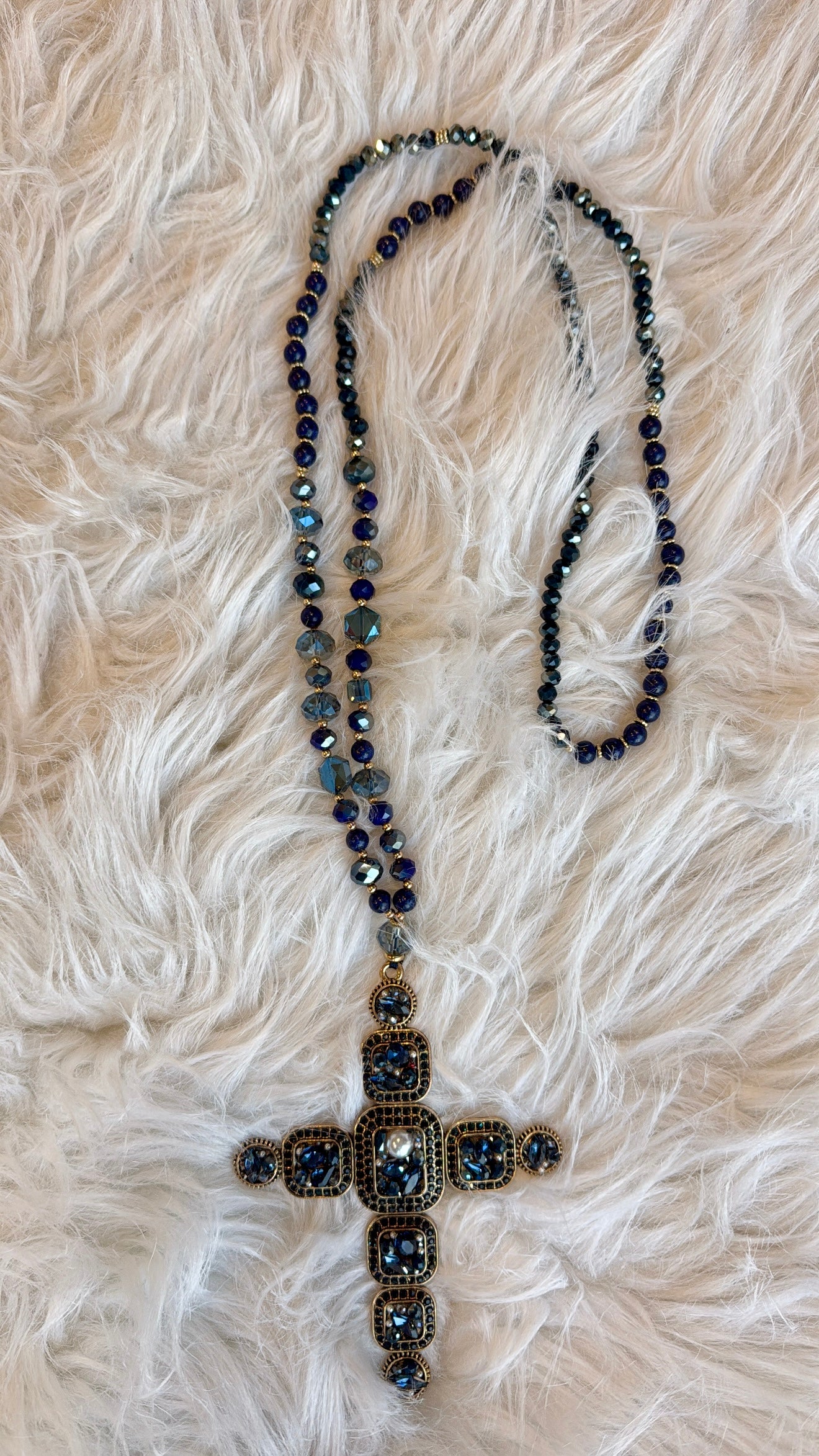 DOORBUSTER!! Oversized Crystal Cross Necklace in Navy