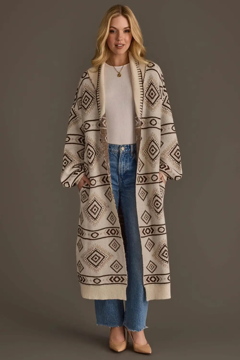 "Frontier" Aztec Print Cardigan in Cream