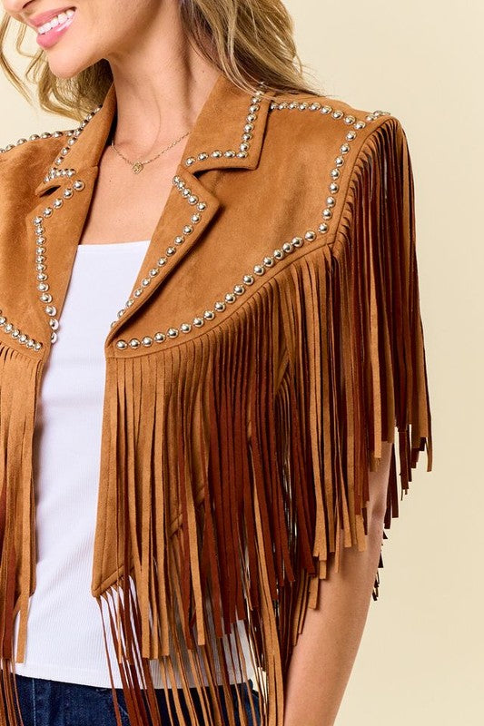 NEW!! The "Wrangler" Studded Fringe Suede Shawl in Camel