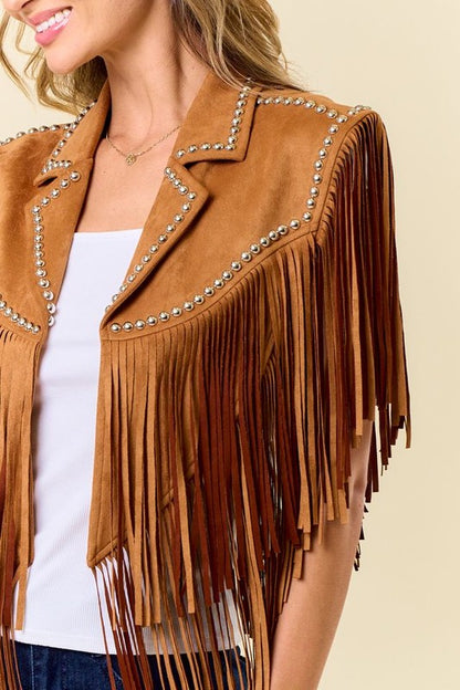 NEW!! The "Wrangler" Studded Fringe Suede Shawl in Camel