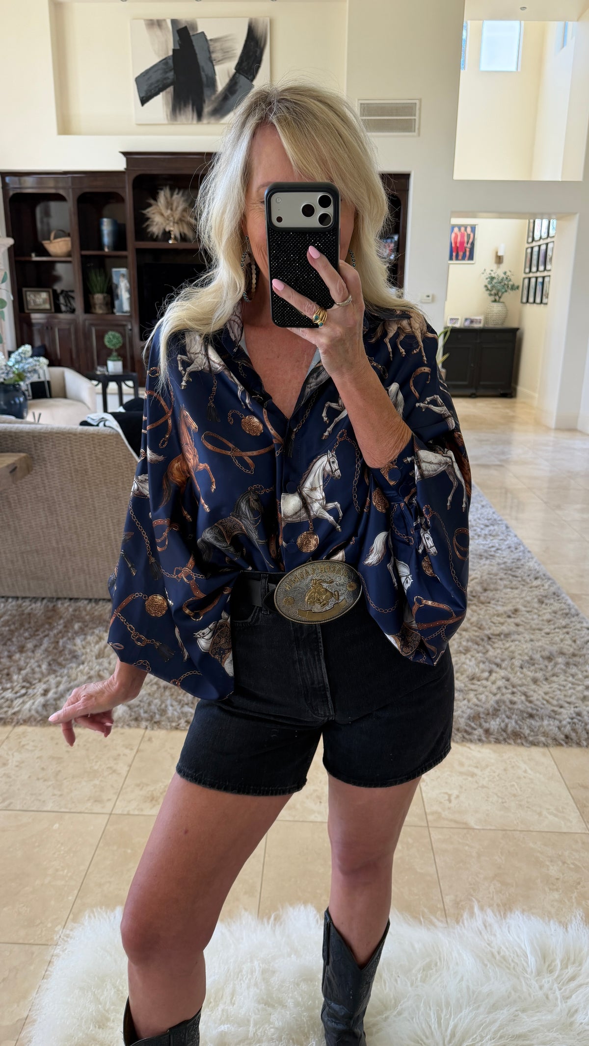 Horseprint Satin Top in Navy