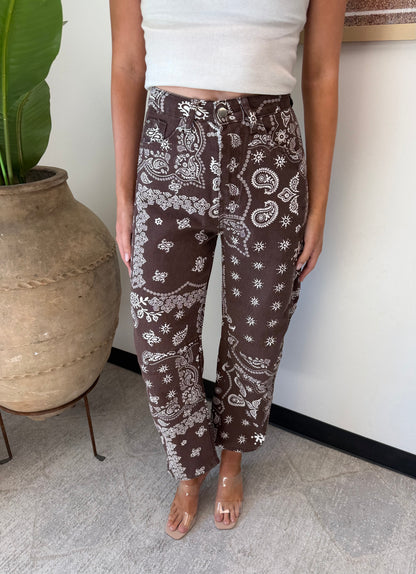 Paisley Barrel Leg Pants in Chocolate