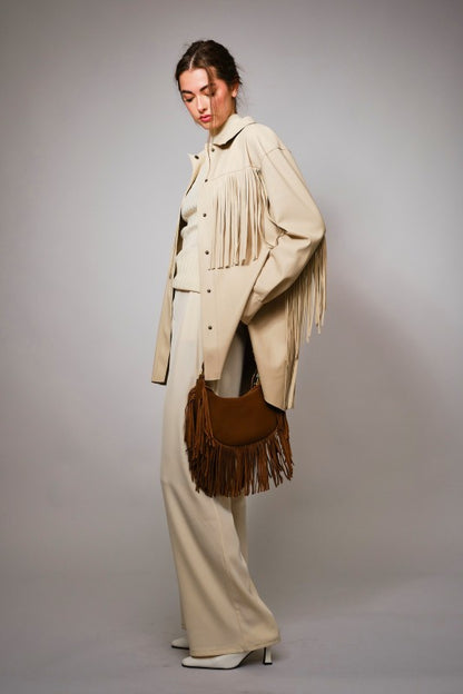 NEW!! Celine Fringe Faux Leather Jacket in Bone