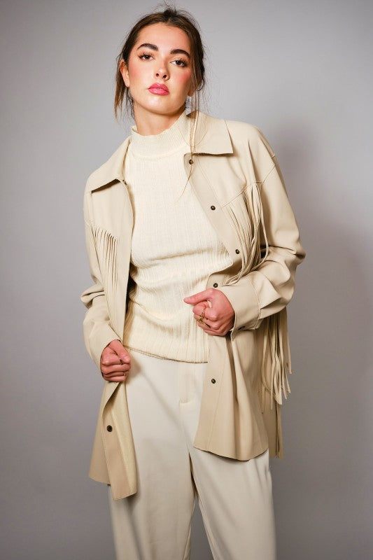 NEW!! Celine Fringe Faux Leather Jacket in Bone