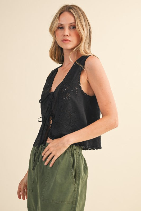 NEW!! Embroidered Front Tie Eyelet Top in Black