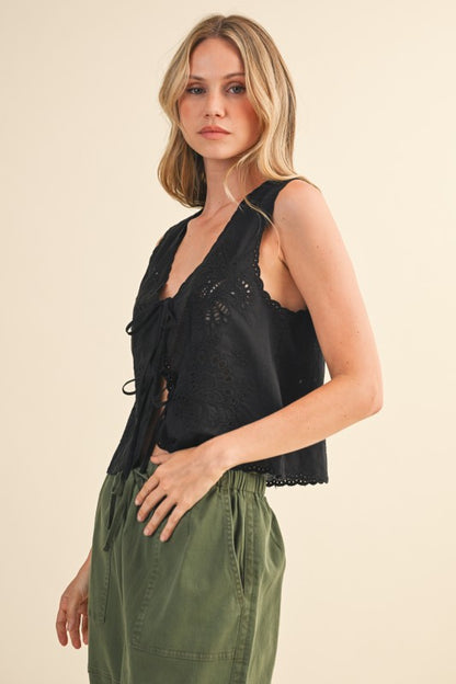 NEW!! Embroidered Front Tie Eyelet Top in Black