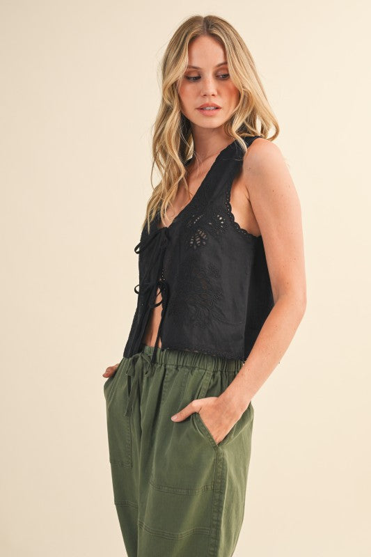 NEW!! Embroidered Front Tie Eyelet Top in Black