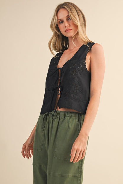 NEW!! Embroidered Front Tie Eyelet Top in Black