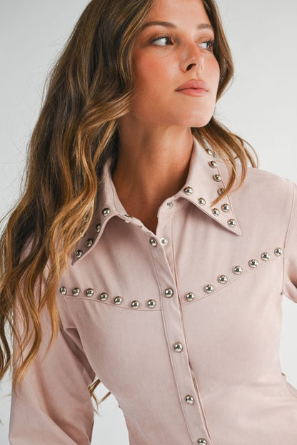 NEW!! Suede Studded Button Down Top in Blush