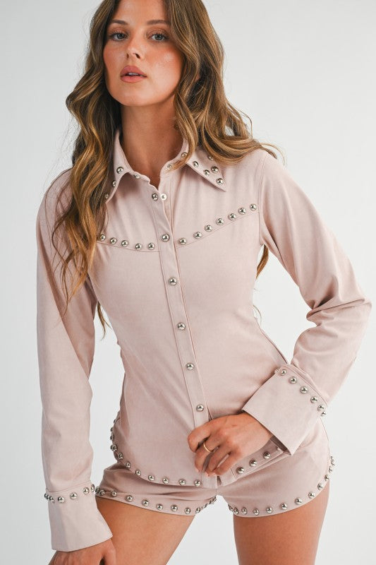 NEW!! Suede Studded Button Down Top in Blush