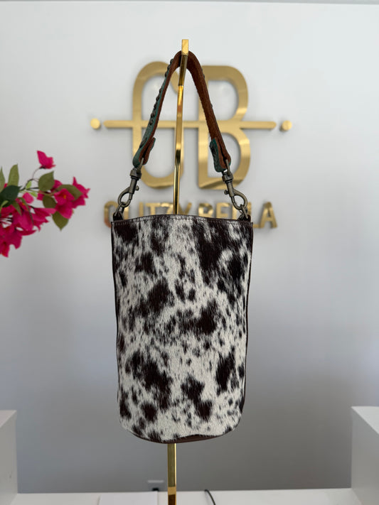 Brown and White Cowhide Small Bucket Bag w/ Turquoise Strap