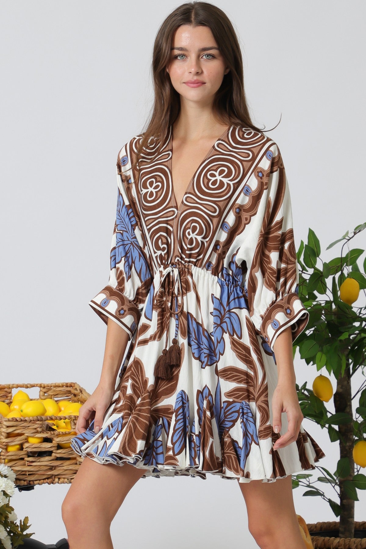 "Palma" Tassel Mini Dress in Brown